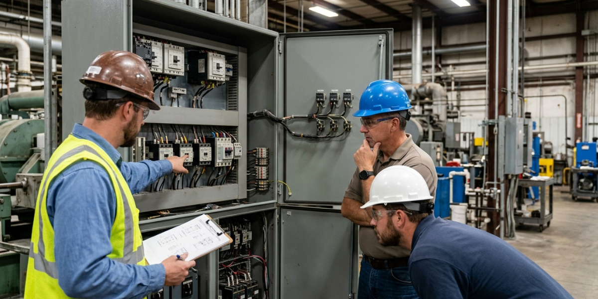 Three workers in hard hats and safety vests inspect a panel inside an industrial factory environment.