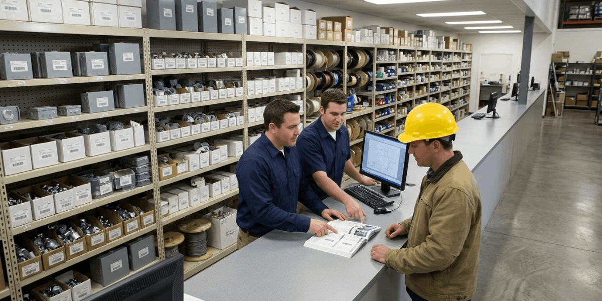 Two men are engaged with a computer in an industrial warehouse, featuring shelves and machinery in the surrounding environment.