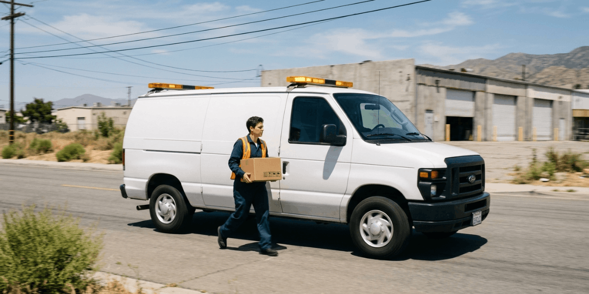 A man holds a box while standing in front of a white van, suggesting he is engaged in a delivery or moving process.